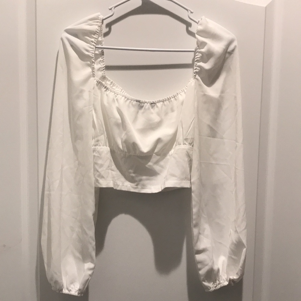 5/$25 Long Puff Lantern Bishop Sleeve Crop Top White Blouse - Picture 3 of 12